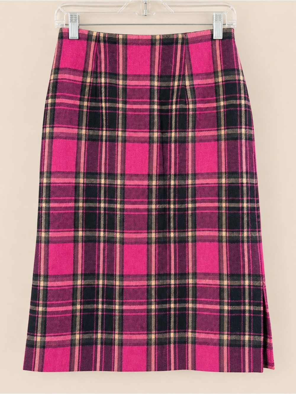 90s Vintage Wool Blend Pink Tartan Midi Pencil Skirt S